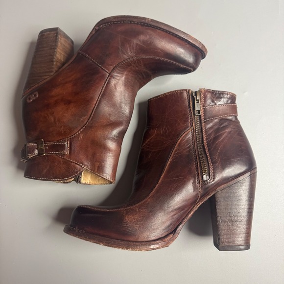 Bed Stu Women Brown Leather Ankle Boots 8.5 Buckle Block Heel 8380 - Picture 3 of 10